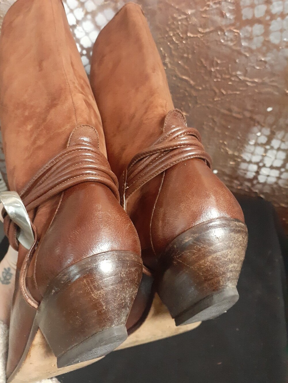 Vintage Via Spiga Two-Tone Leather And Suede Brown Western Boot with Wrap Strap - Picture 8 of 16